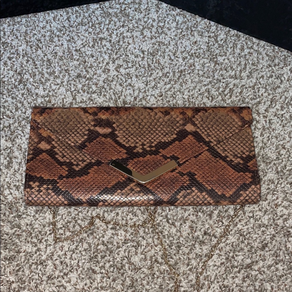 Aldo Brown Snake Print Clutch with Gold Accent